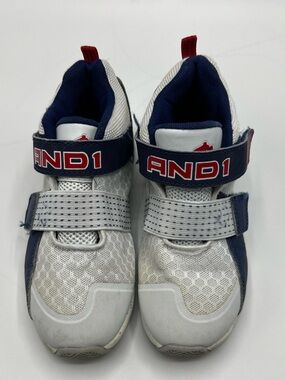 And1 Kids White and Navy Velcro Sneakers with Red Logo